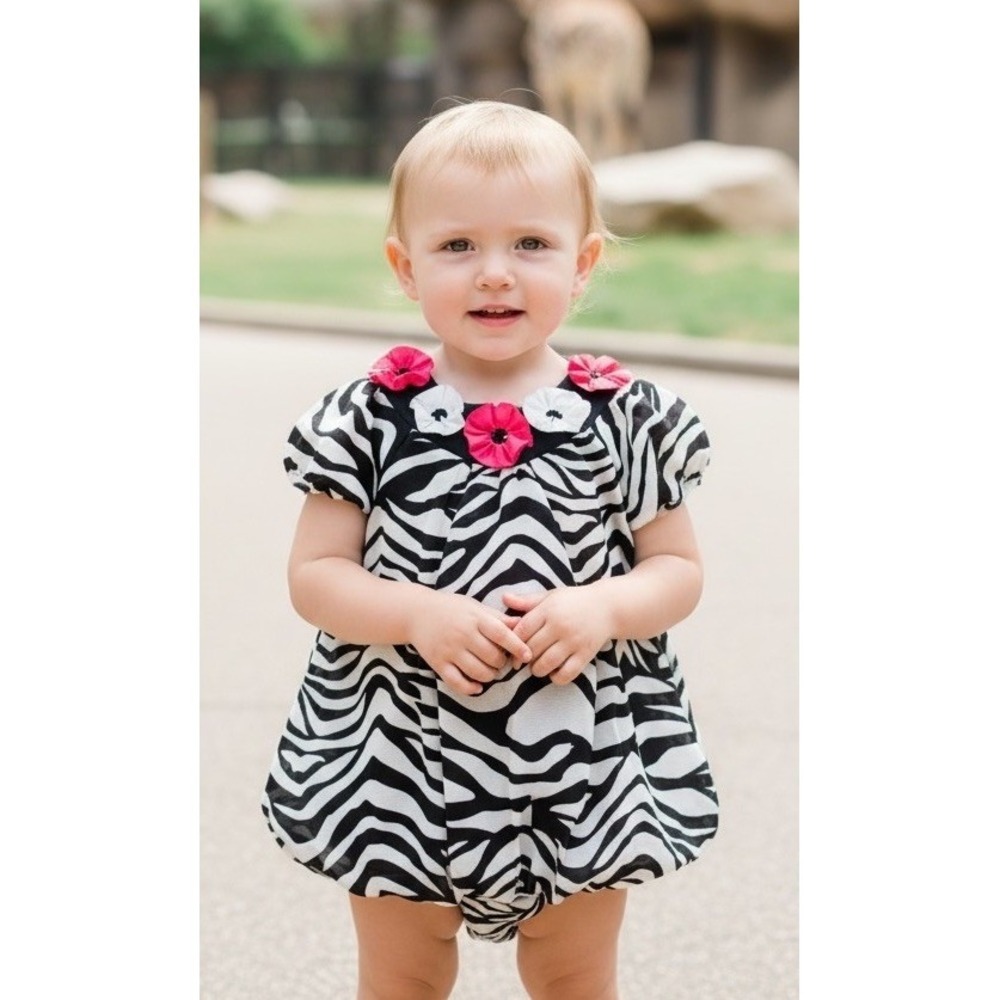 Rare Editions Baby Girl Size 12 Months Striped Black‎ White Hot Pink Flowers 12m